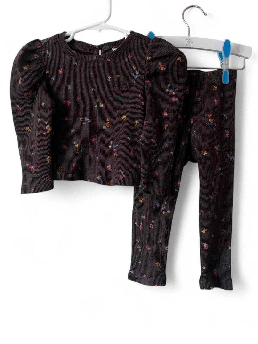 18-24M Girls GAP 2 Piece Set Long Sleeve & Pants Brown Ditsy Floral Waffle Knit